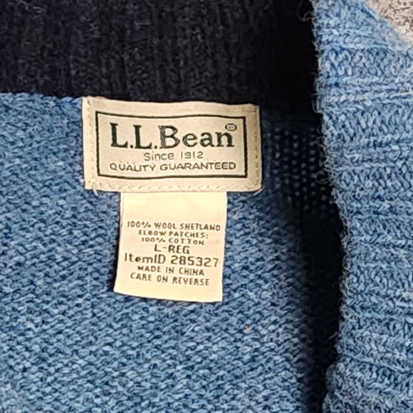 LL Bean Sweater Men L Reg Shetland Wool Blue Elbow Patches Quarter Zip 285327 - Picture 3 of 6